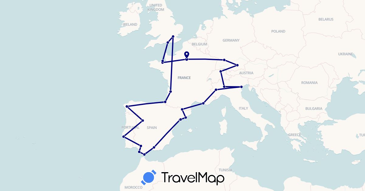 TravelMap itinerary: driving in Andorra, Switzerland, Germany, Spain, France, United Kingdom, Gibraltar, Italy, Portugal (Europe)