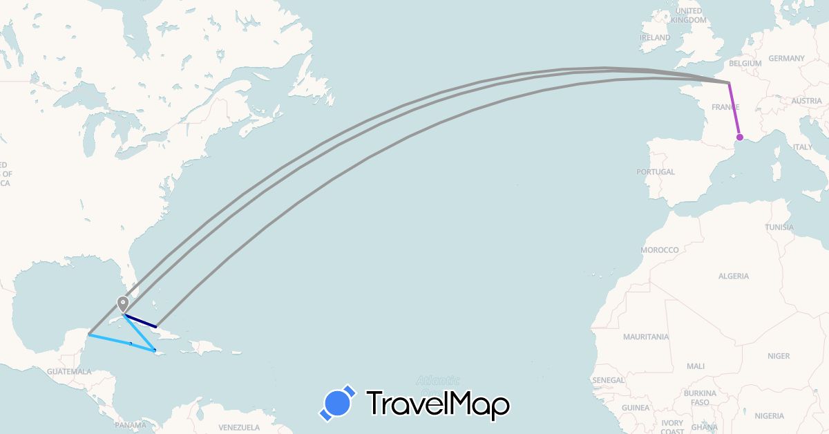 TravelMap itinerary: driving, plane, train, boat in Cuba, France, Jamaica, Cayman Islands, Mexico (Europe, North America)